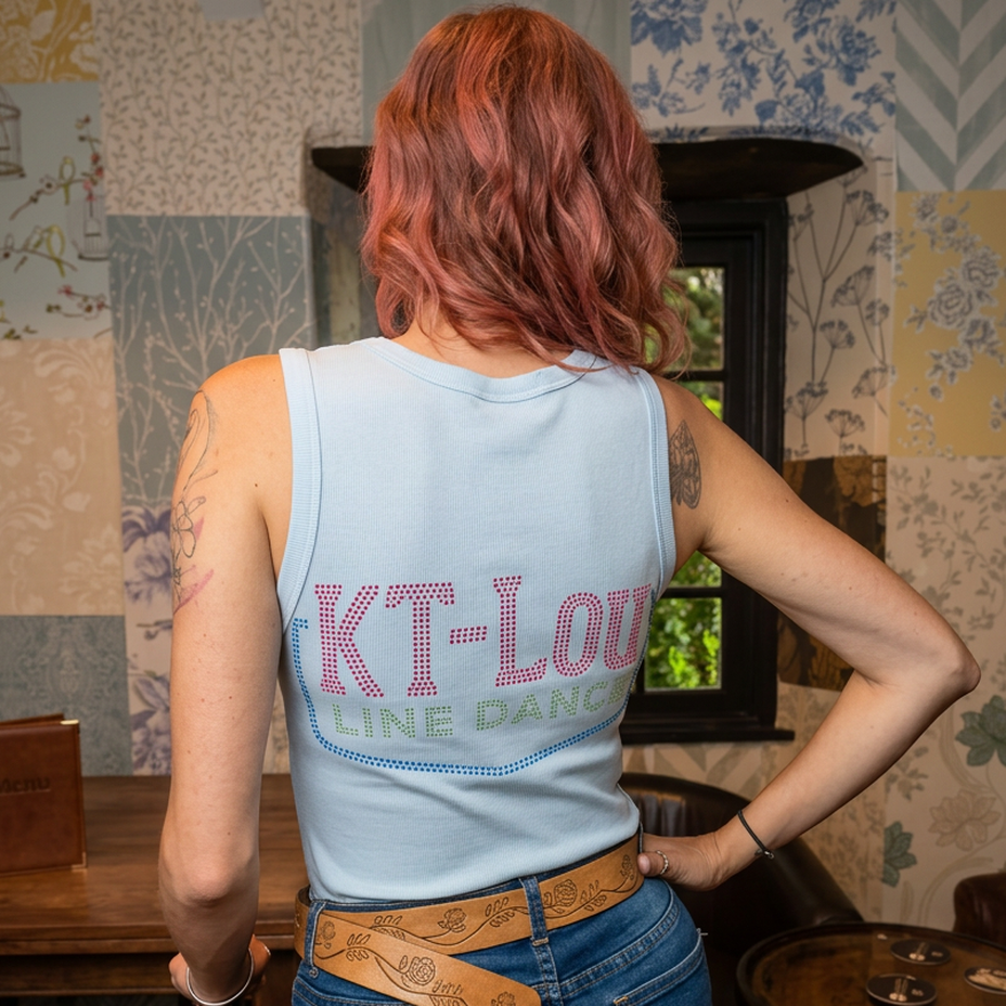 KT-Lou rhinestone transfer on a vest top